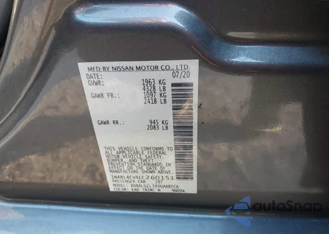 2020 Nissan Altima Sr Fwd z USA, uszkodzony, nr VIN 1N4BL4CV4LC260151